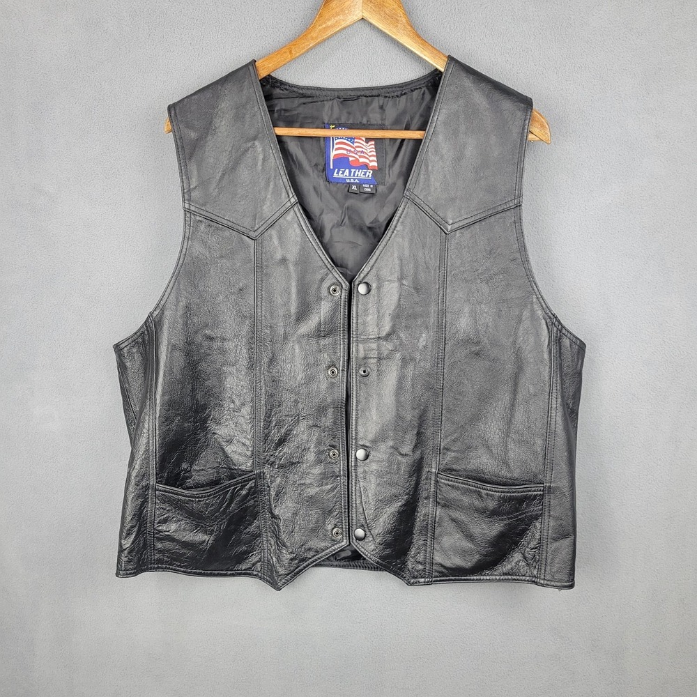 USA Leather Motorcycles Biker‎ Vest Mens XL Black Classic Genuine Western